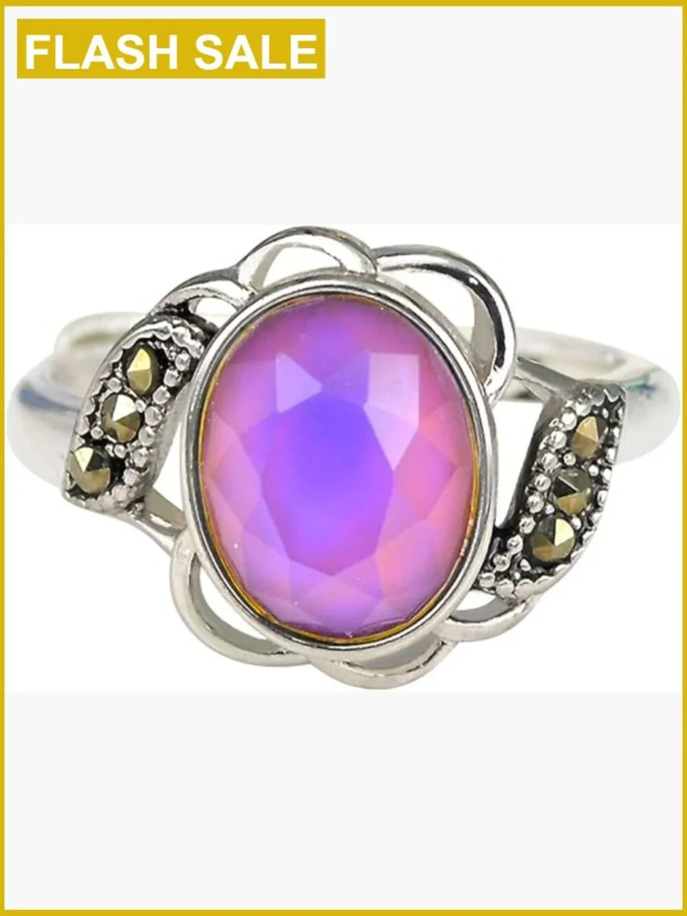 Vintage Flower Mood Ring Adjustable Brass Crystal Size 8mm